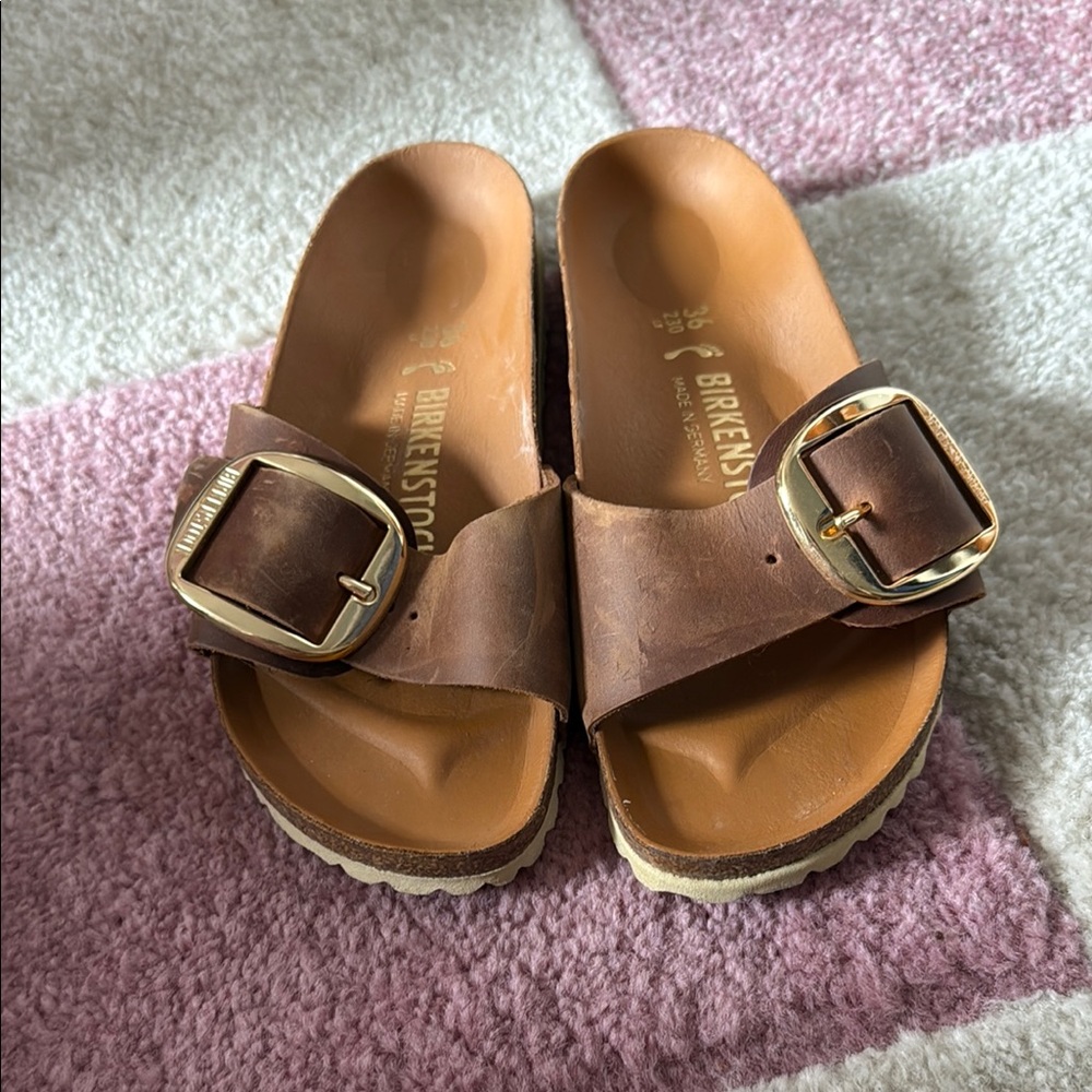 Birkenstock Tan Leather Slides with Gold Buckles